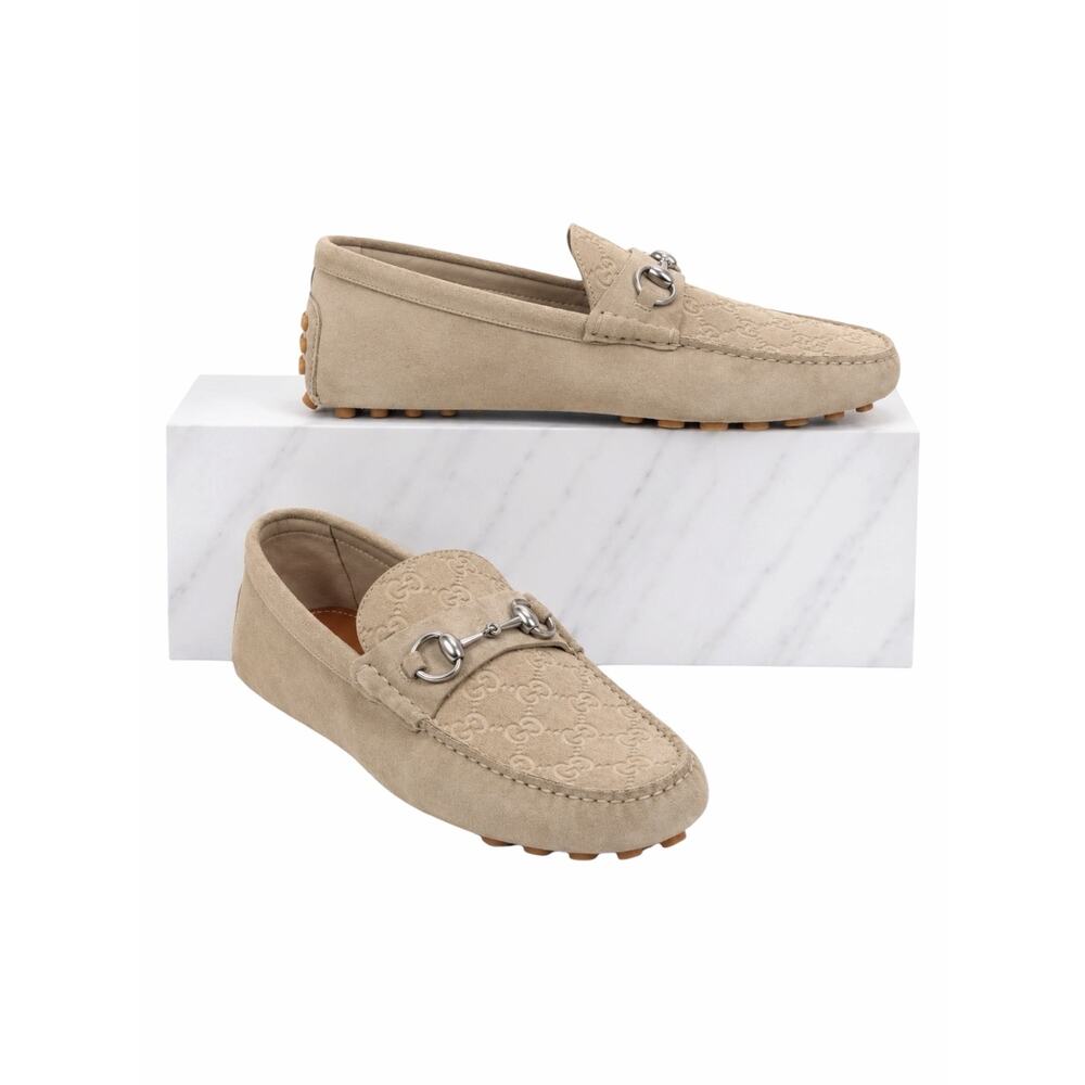 Gucci Byorn Guccisima Horsebit Suede Driver Loafer Oatmeal Size 11.5 - Picture 1 of 15